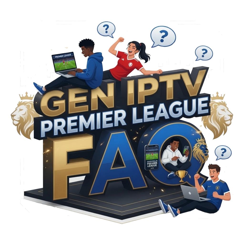 Promotional illustration for IPTV Premier League FAQ featuring players, laptops, and question marks around the bold'GEN IPTV PREMIER LEAGUE FAQ' text.